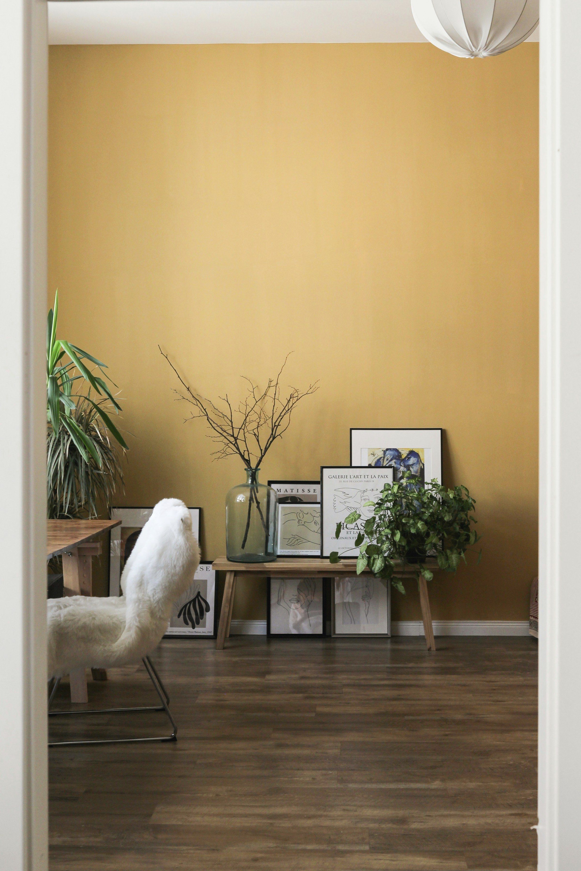 Living room with a freshly painted ochre wall